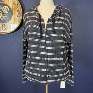 American Eagle Soft & Sexy Plush Full Zip Gray White Striped Hoodie | Size Large